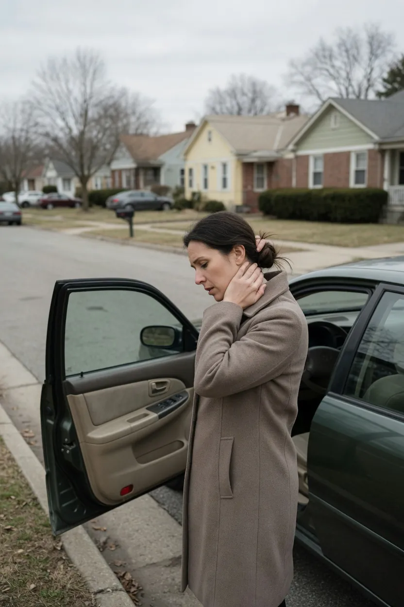A woman holding her neck beside an open car door