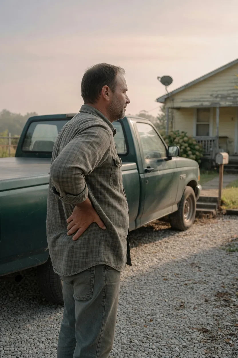 A man holding his lower back beside a pickup truck