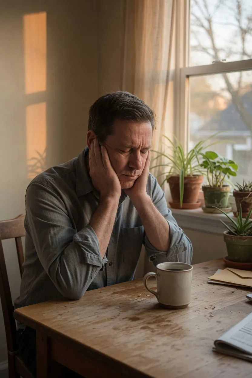 A man at a kitchen table with a headache, hands at his temples