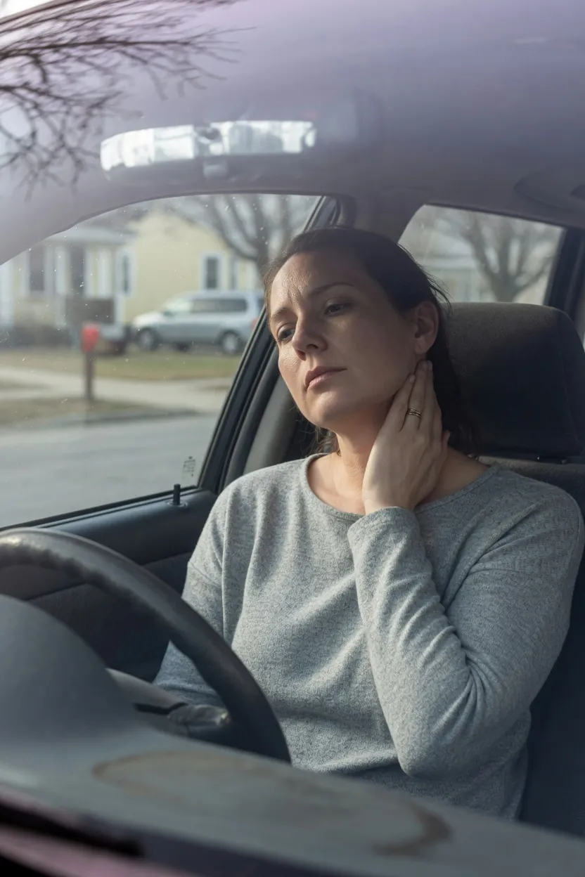 A woman holding a stiff neck in the driver's seat