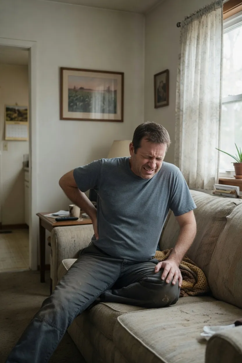 A man seated on a couch, one hand on his lower back and the other on his leg